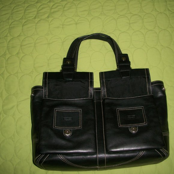 Coach Black Large Leather Beige Stitch Satchel/Shoulder Handbag - Picture 5 of 16